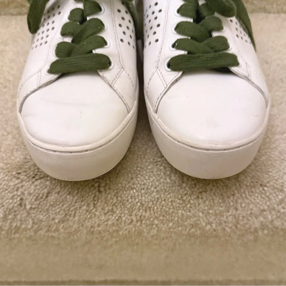 Michael Kors White Leather Low Top Sneakers Green Croc Trim Perforated Womens 8M